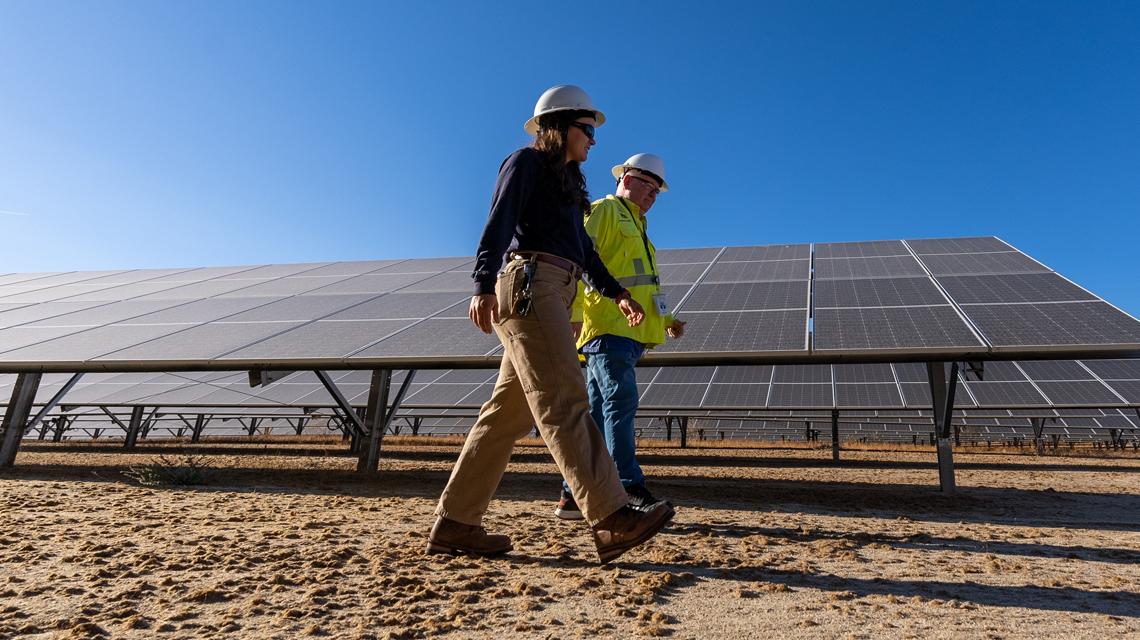 Team members walk through a field of solar panels